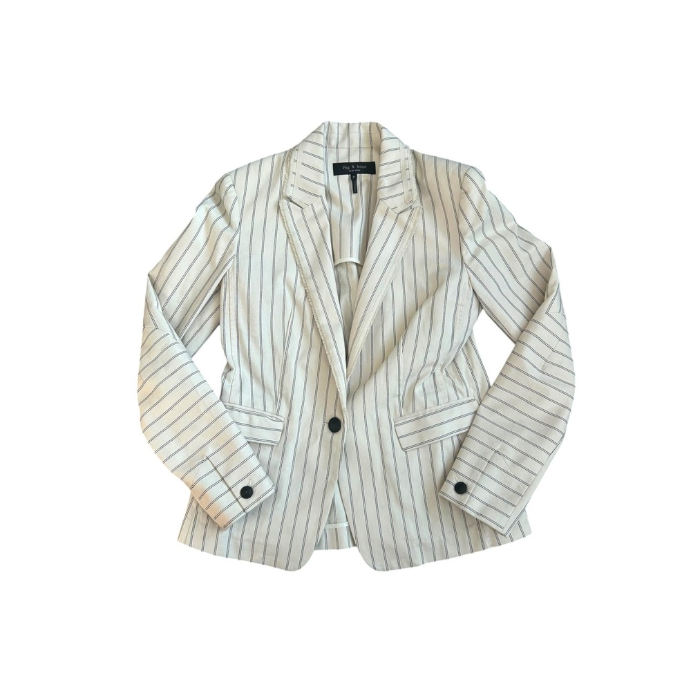 Rag & Bone New York Millie Blazer Cream Pinstripe Fringe Trim Single Button 4 - Picture 3 of 8